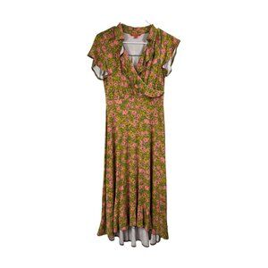 Modcloth Size Medium Green Pink Floral Hi Lo Dress Retro 40s